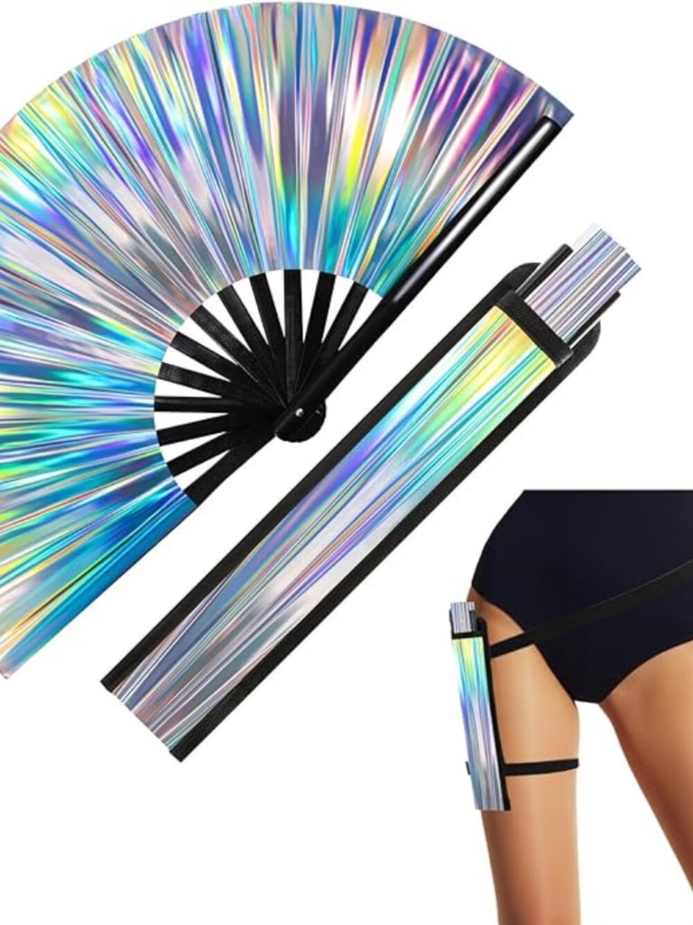 Large Rave Fan UV Glow Clack Summer Hand Fan with Thigh Holster for